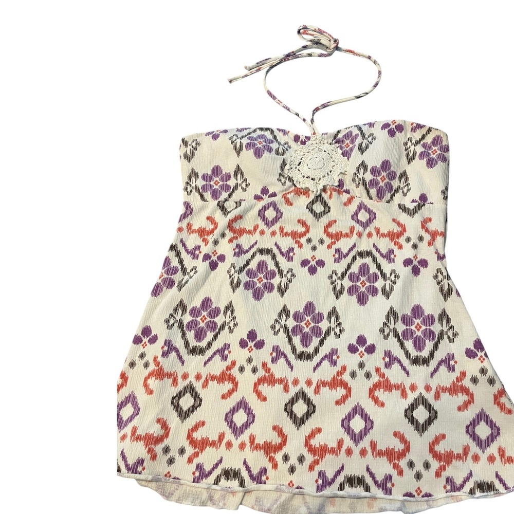 Self Esteem Vtg Y2k Size XL Babydoll Halter Top Ikat Floral Crochet Boho